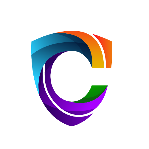 Colorful abstract shield logo with a stylized letter C in gradient shades of blue, orange, green, and purple.